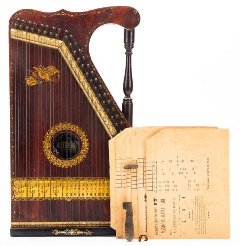 Antique The Home Educational Company Mandolin Guitar Harp, 1894, In Original Box with Original Wooden Percussion Mallet.