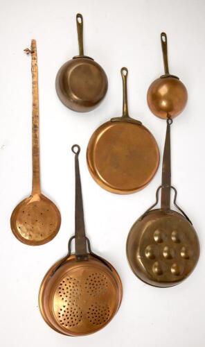 Collection of Six (6) Antique Copper and Tined Pans and Cookware, Two with Long Wrought Iron Handles, the others Brass.