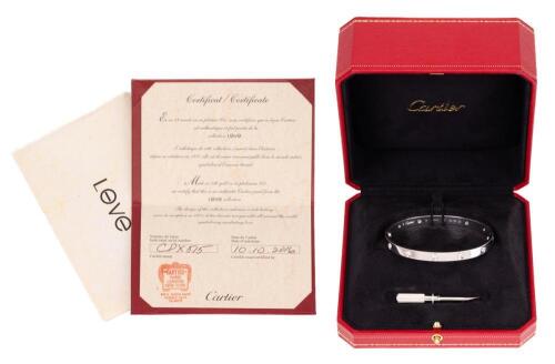 Classic, Beautiful Cartier Love Bangle Bracelet in 18K White Gold and 10 Diamonds in Original Cartier Box, Outer Box and