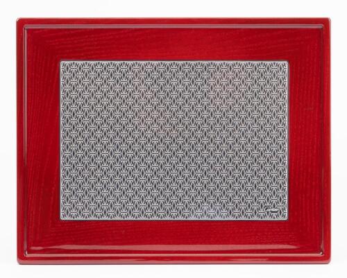 Gentleman's Cartier Dresser Tray of Premium Lacquered Wood, Inset with Mirror Etched in Repeated Cartier Logos. Mint in