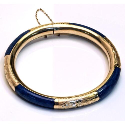 Ladies Lovely 14K Yellow Gold and Lapis Hinged Bangle Bracelet of Fine Quality.