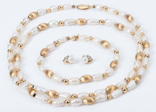 Freshwater and 14K Yellow Gold Bead Necklace, Bracelet and Earrings