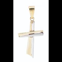 A contemporary cross pendant in both white and yellow 18K gold. From top of bail to the bottom tip of cross is 2" 5.58 g
