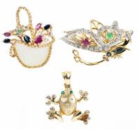 Ladies 'Spring Is Eternal Collection'. Stunning 14K Yellow Gold Butterfly and Basket Pins With Precious Stones Plus Two Pendants