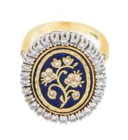 Ladies Regal, 14K Yellow and White Gold 1.5 Carat Diamond Ring with Exceptional Enamel Work and Gold Inlay