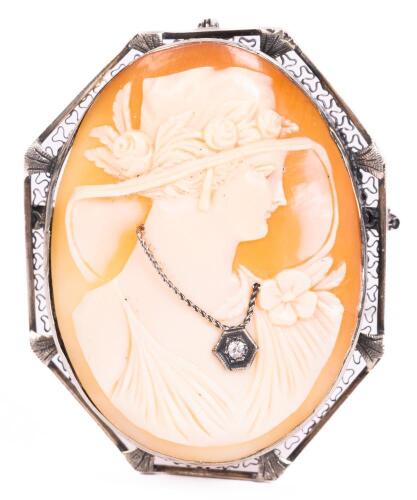 Very Unusual, Superbly Carved 14K White Gold and Shell Antique Cameo Brooch