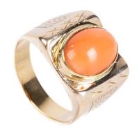Ladies 14K Yellow Gold Ring with Oval Coral Cabochon, Appears Never to Have Been Worn