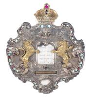 19th Century Viennese Torah Breastplate Superb Artistry, 800 Silver with Crown at Top in Brass as are the Lions Turquoise & Garn