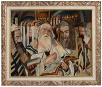 1930s Polish Painting of Rabbis Gathered in a Synagogue. Artist Appears to be Orlitzky