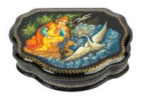 Russian Lacquer Box of "The Tale of Tsar Saltan" ("The Swan Princess") From Fedoskino. Beautifully Painted with Gilt Silver and
