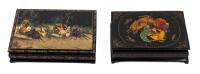 Two Russian Lacquer Boxes with Traditional Russian Decoupage and Hand Painted Gilt Gold Trim