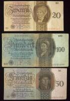 Germany. Lot of Reichsbanknotes: 20, 50 and 100 Reichsmark Currancy Notes, 1924
