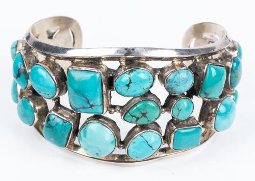 Outstanding, Large Cuff with 24 Sky Blue Turquoise Artfully Arranged on an Openwork Frame